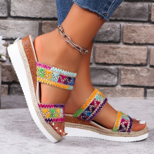 Fashion Wavy Pattern Woven Sandals Summer Ethnic Wedge Slippers Women