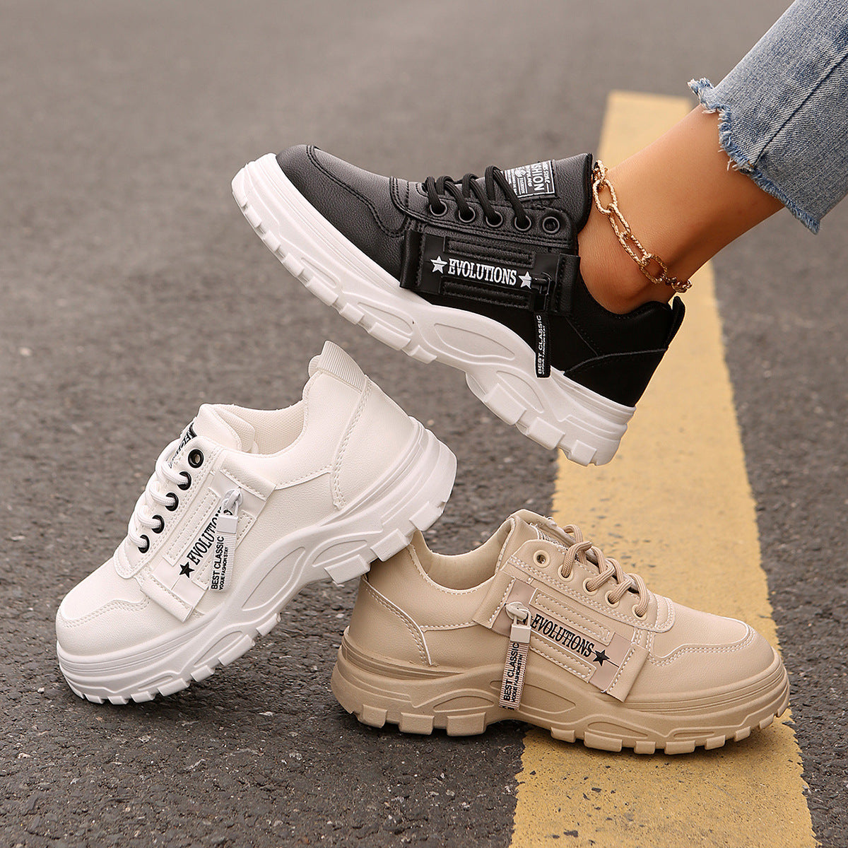 Lace-up Sports Shoes Side Zipper Casual Sneakers Women Thick Sole