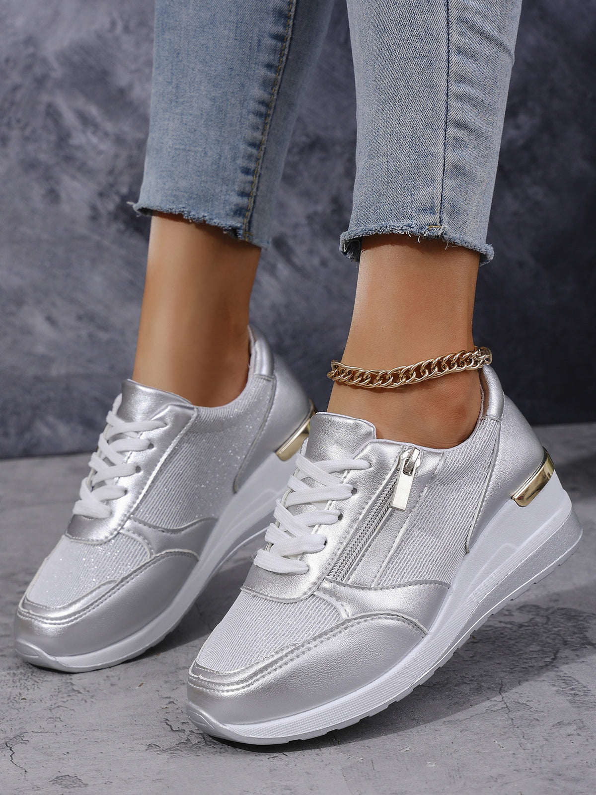 Women's Lace-up Casual Shoes Side Zipper Thick Soled Sneakers Walking Shoes