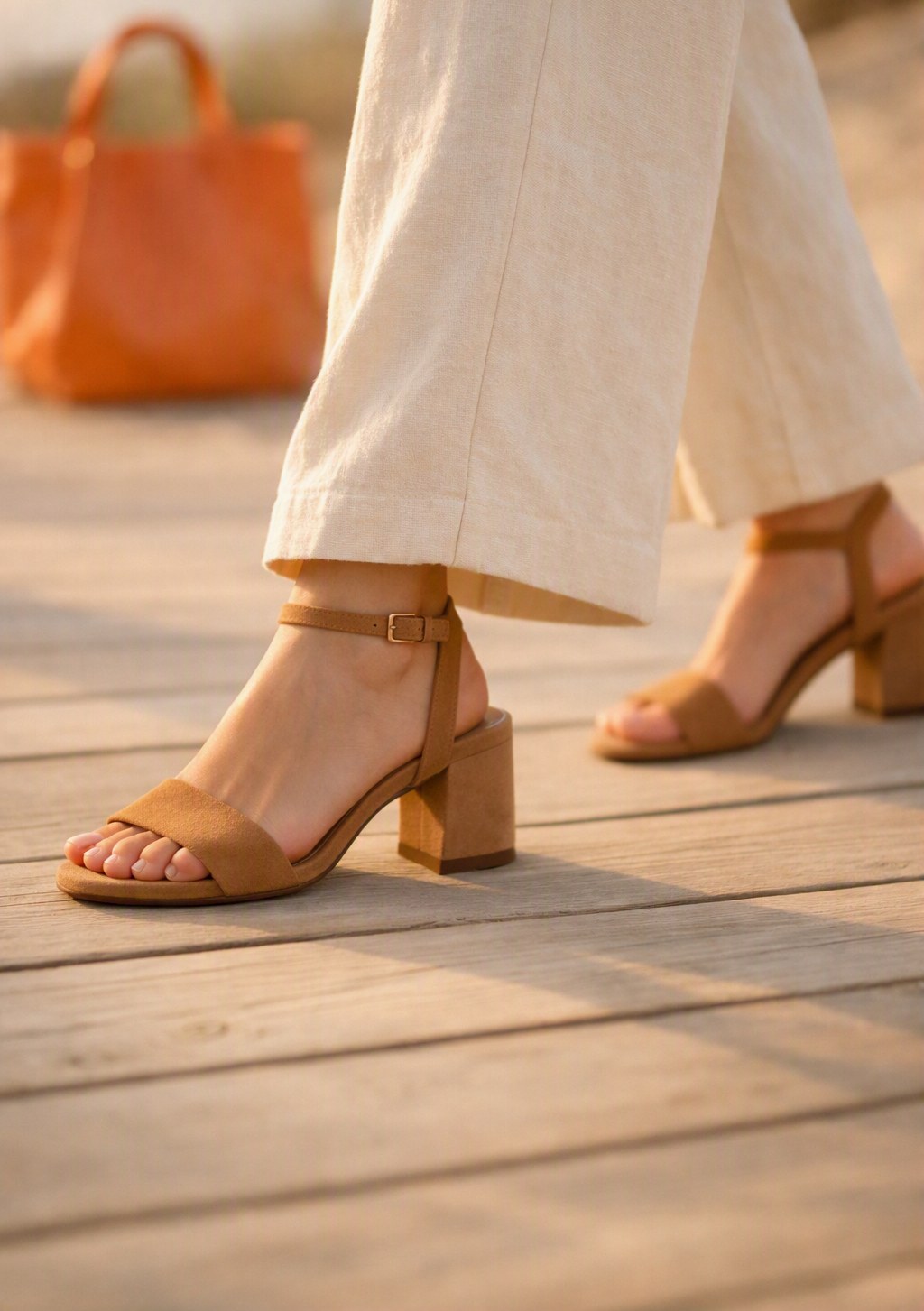 Woman walking on a sunlit boardwalk in tan suede block-heel sandals and cream linen trousers