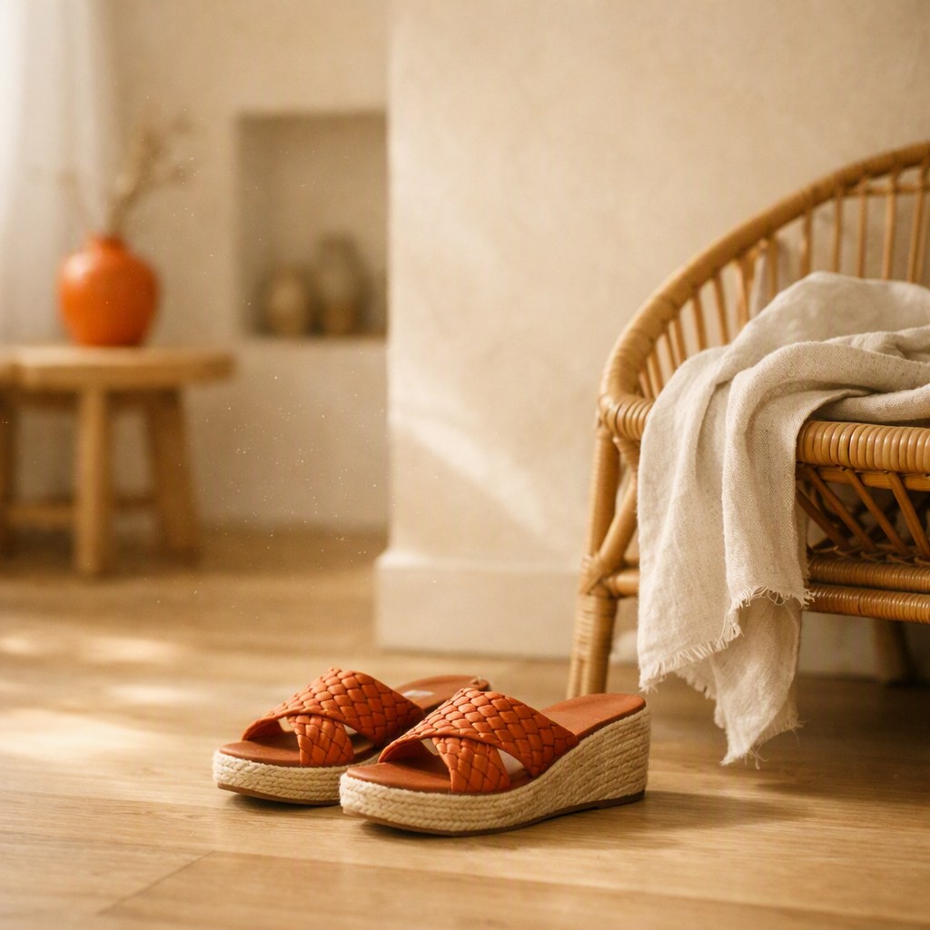 Terracotta woven wedge sandals on a pale oak floor beside a rattan chair
