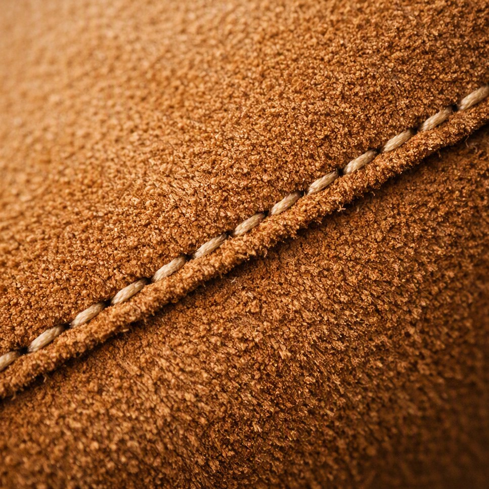 Close-up of tan suede with a line of neat contrast stitching