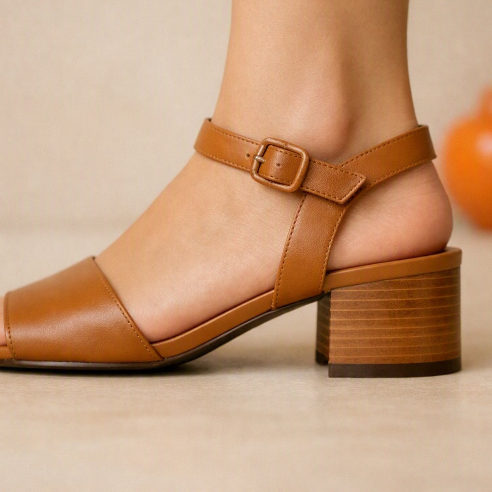 Foot in a camel leather block-heel sandal, cropped at the ankle
