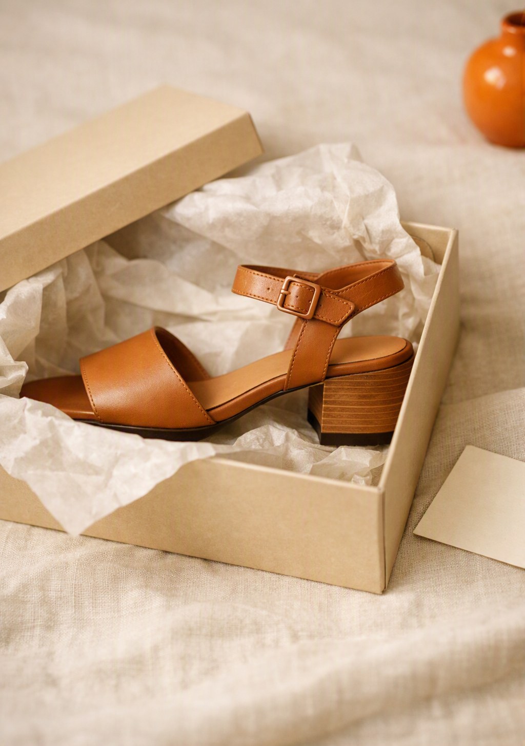 Open shoe box with a camel leather sandal nestled in tissue paper on cream linen