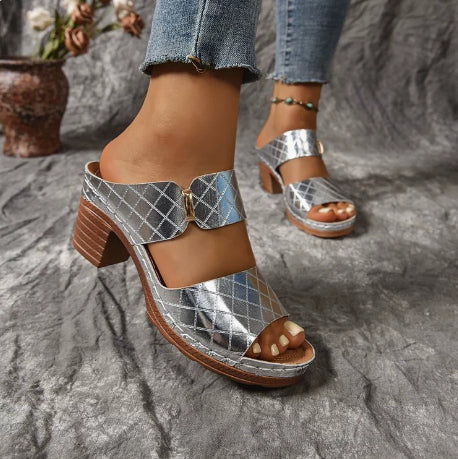 Chunky Heel Sandals Summer Plaid Slides Round Toe Fashion Heels Women
